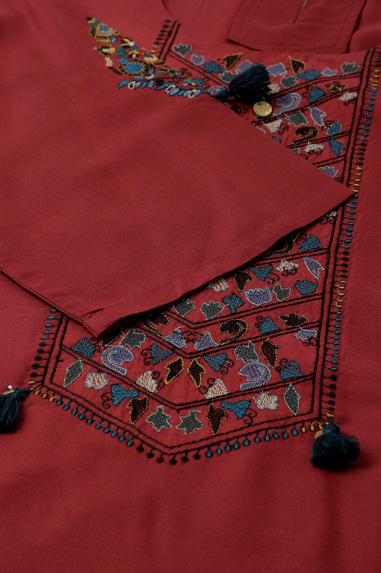 Dark Red Embroidered Plus Size kurta - wforwoman