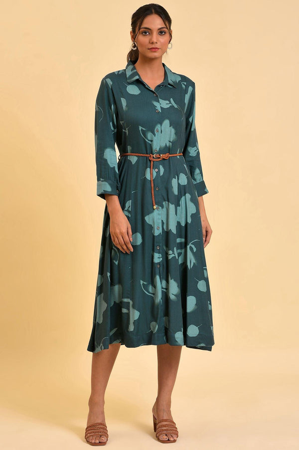 Green Floral Printed Western Dress With Belt