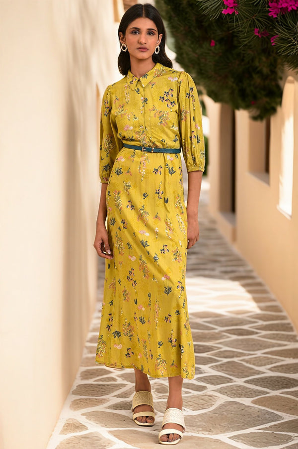 Yellow Floral Printed Long Summer Dress