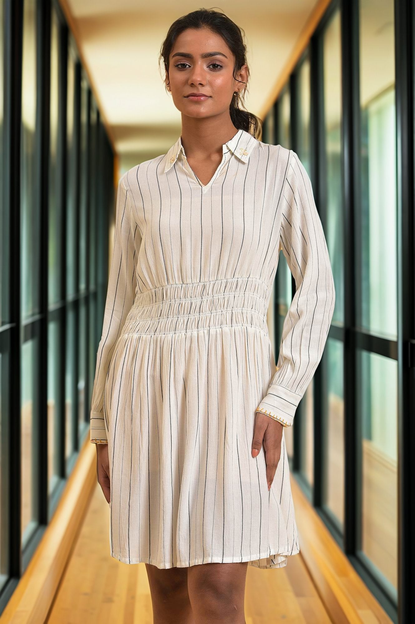 Ecru And Grey Striped Smocking Waist Dress