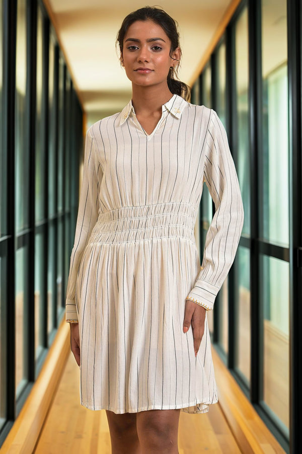 Ecru And Grey Striped Smocking Waist Dress