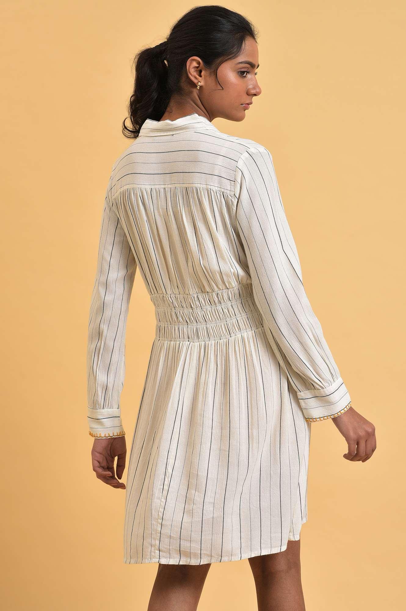 Ecru And Grey Striped Smocking Waist Dress - wforwoman