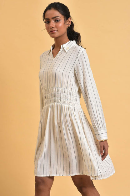 Ecru And Grey Striped Smocking Waist Dress - wforwoman