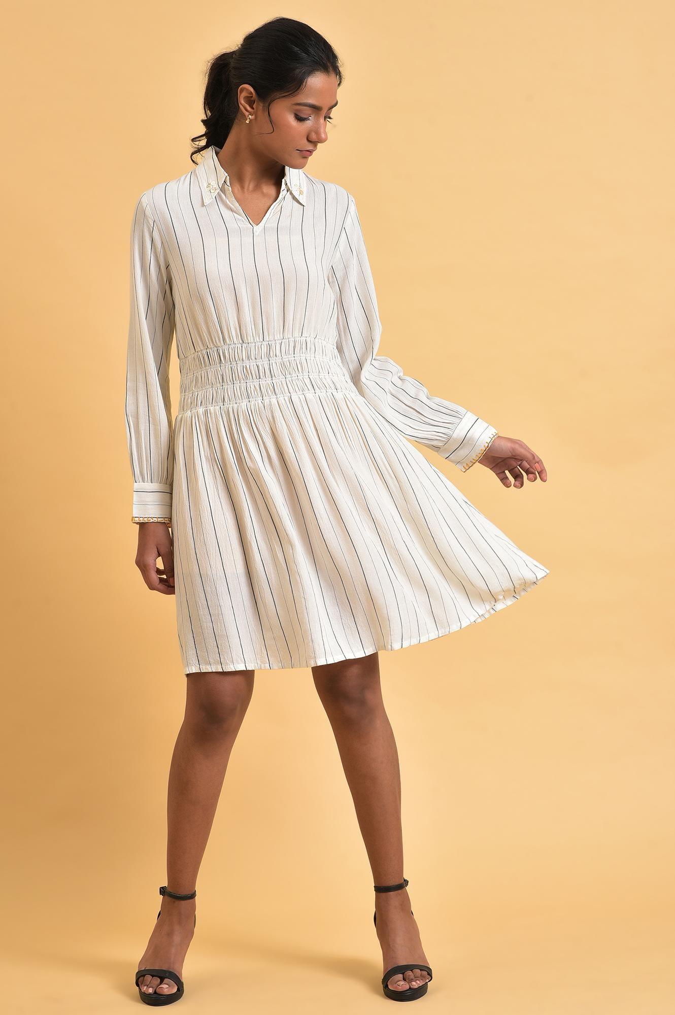 Ecru And Grey Striped Smocking Waist Dress - wforwoman
