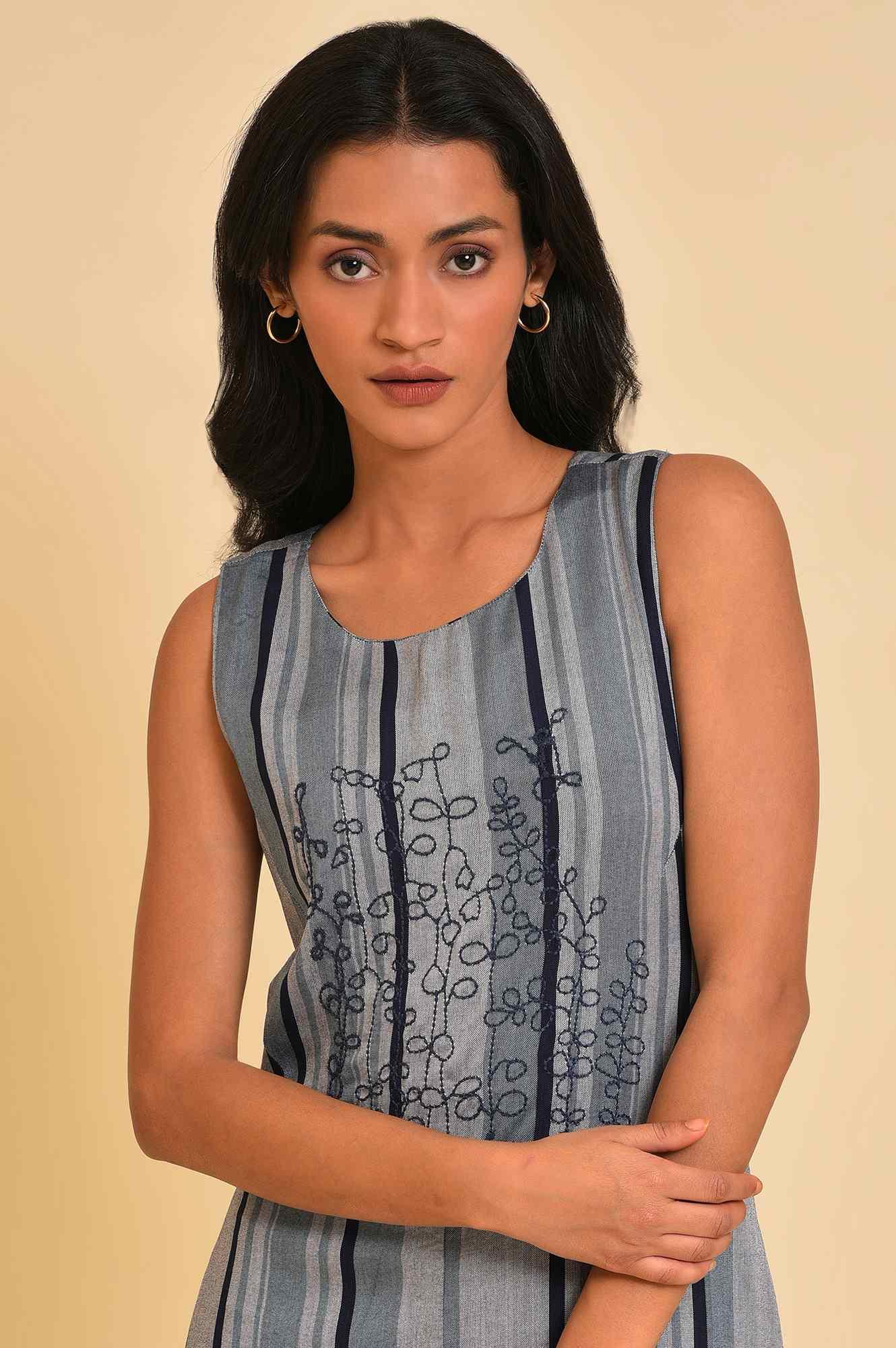 Blue Yarn Dyed Stripe Printed Embroidered Dress - wforwoman