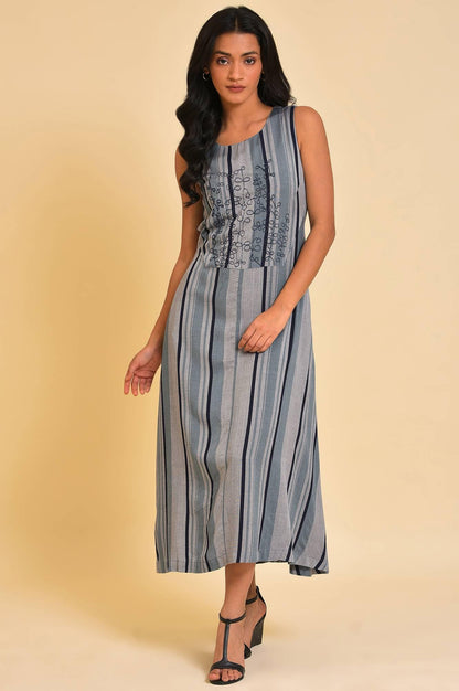 Blue Yarn Dyed Stripe Printed Embroidered Dress - wforwoman
