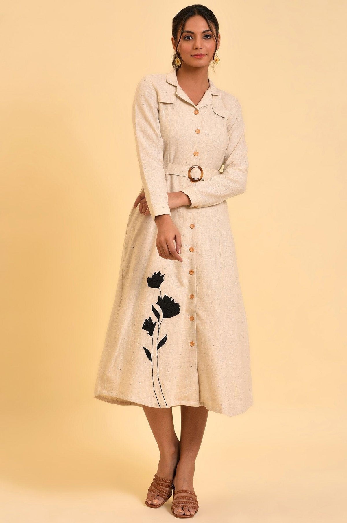 Ecru Solid Trench Dress With Waist Belt - XS
