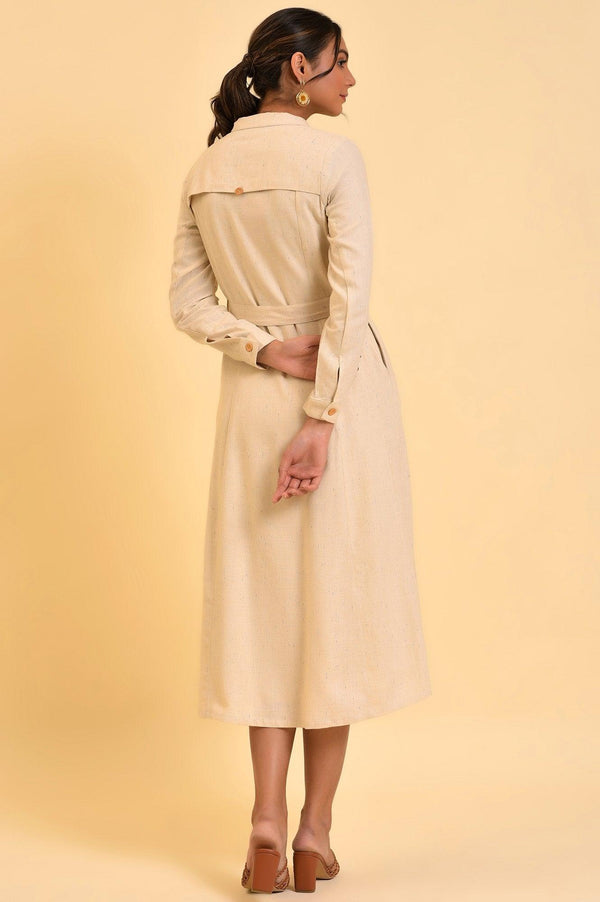 Ecru Solid Trench Dress With Waist Belt