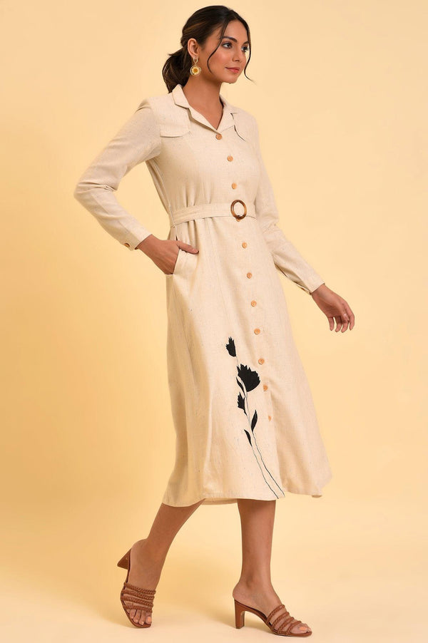 Ecru Solid Trench Dress With Waist Belt