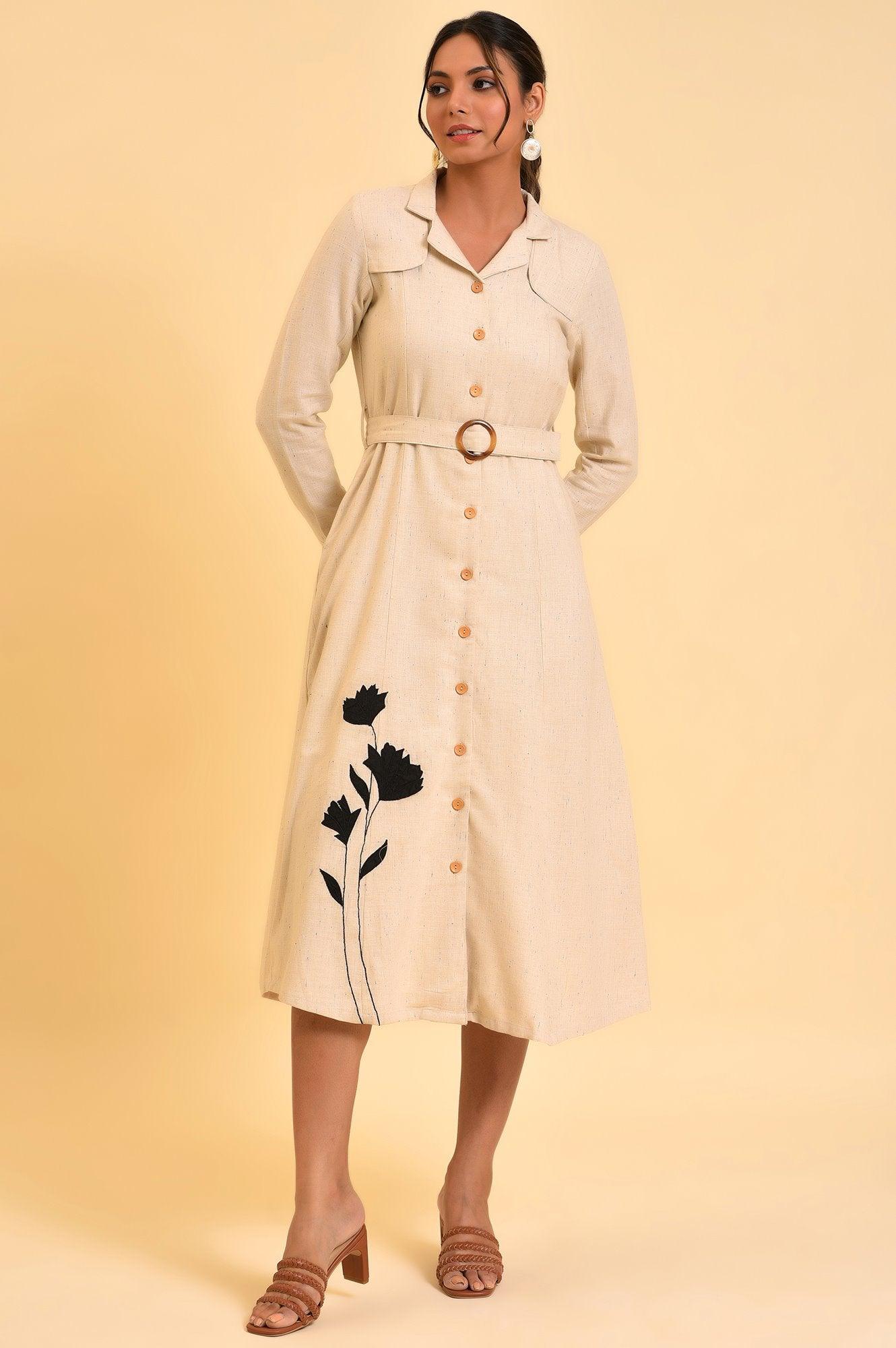 Ecru Solid Trench Dress With Waist Belt - wforwoman