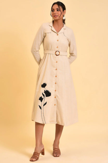 Ecru Solid Trench Dress With Waist Belt - wforwoman