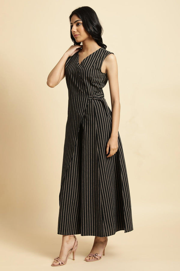 Black Striped Yarn Dyed Sleeveless Wrap Jumpsuit