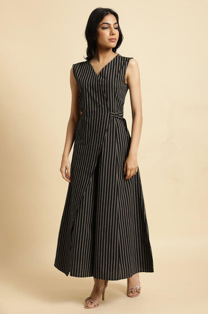 Black Striped Yarn Dyed Sleeveless Wrap Jumpsuit - wforwoman