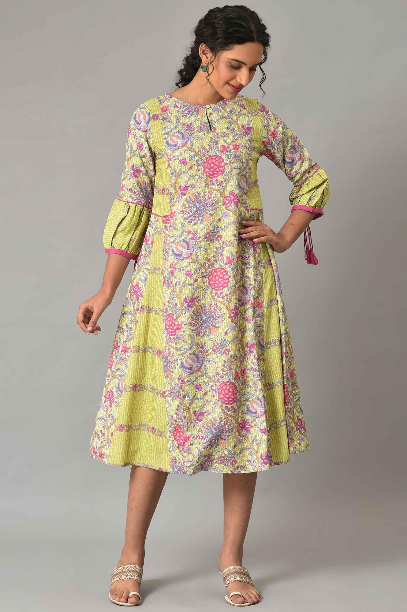 Green Printed Godget Summer Dress - wforwoman