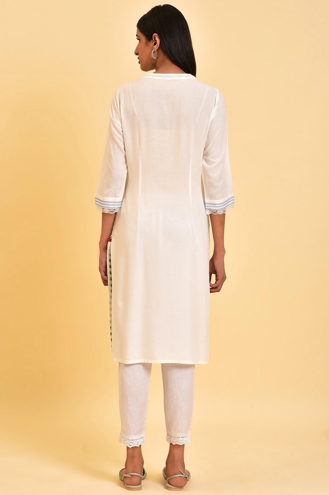 Ecru Printed Mandarin Collar kurta - wforwoman