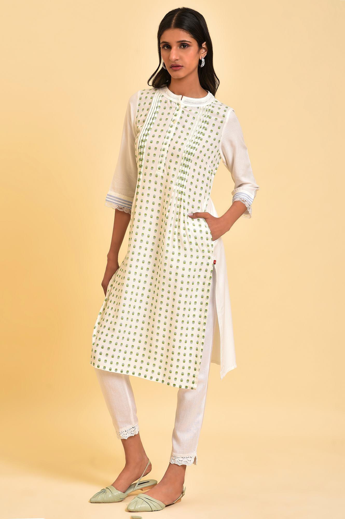 Ecru Printed Mandarin Collar kurta - wforwoman