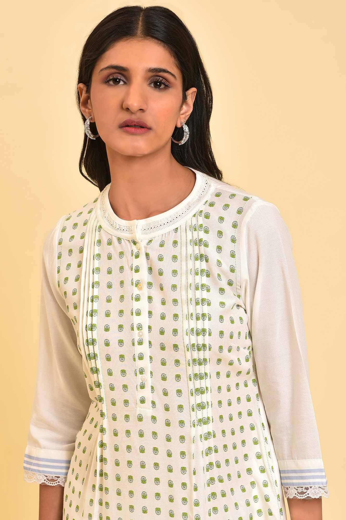 Ecru Printed Mandarin Collar kurta - wforwoman