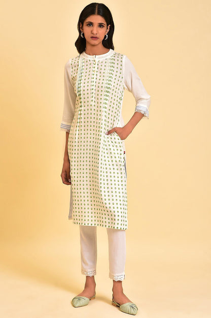 Ecru Printed Mandarin Collar kurta - wforwoman