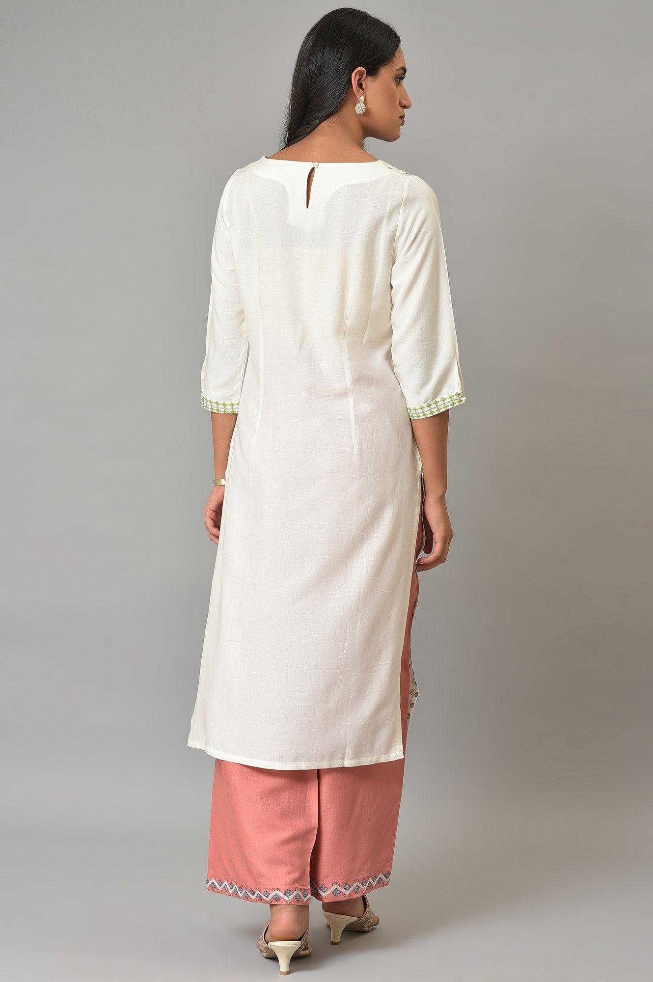 Ecru Placement Floral Printed Summer kurta - wforwoman