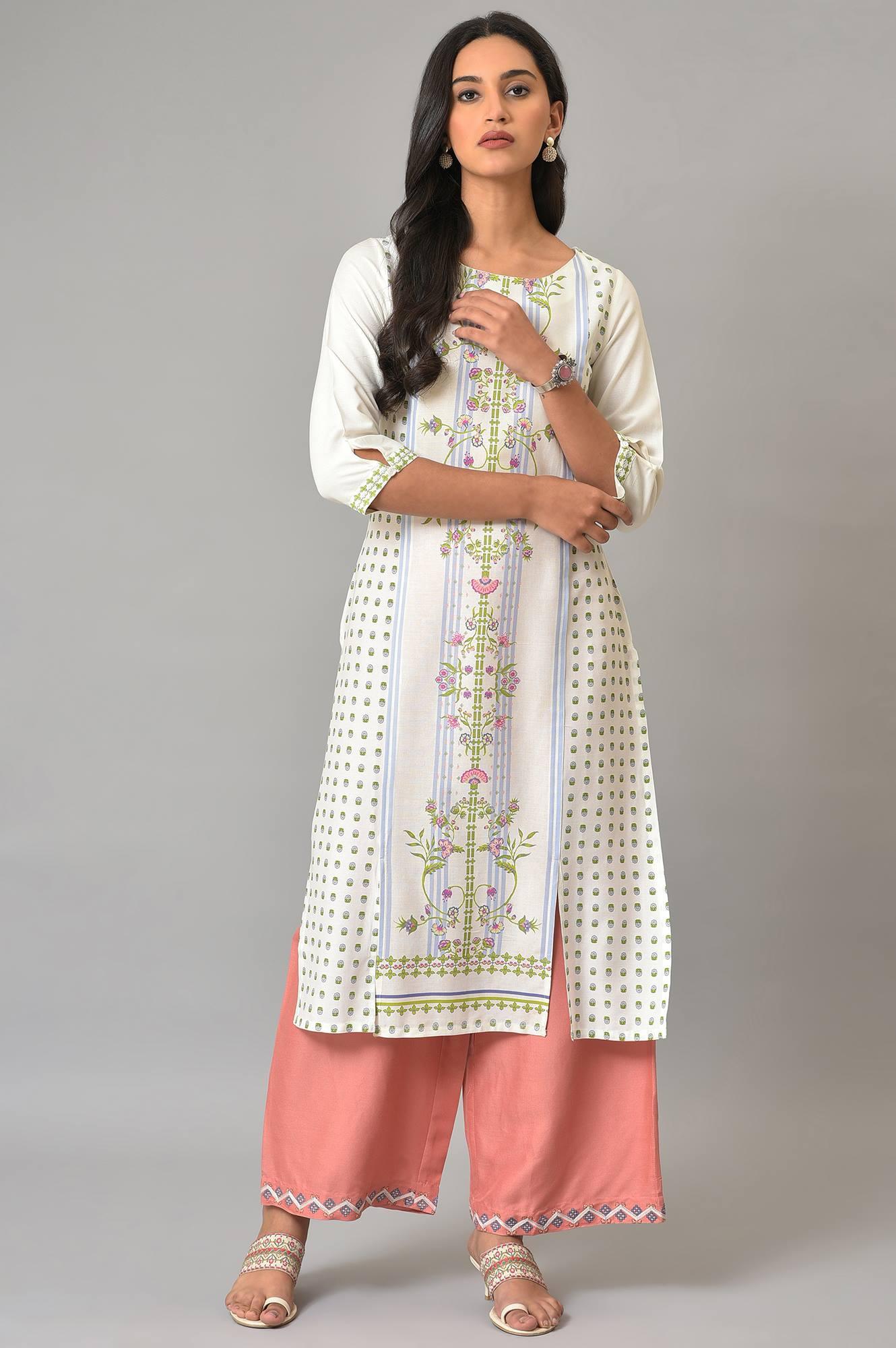 Ecru Placement Floral Printed Summer kurta - wforwoman