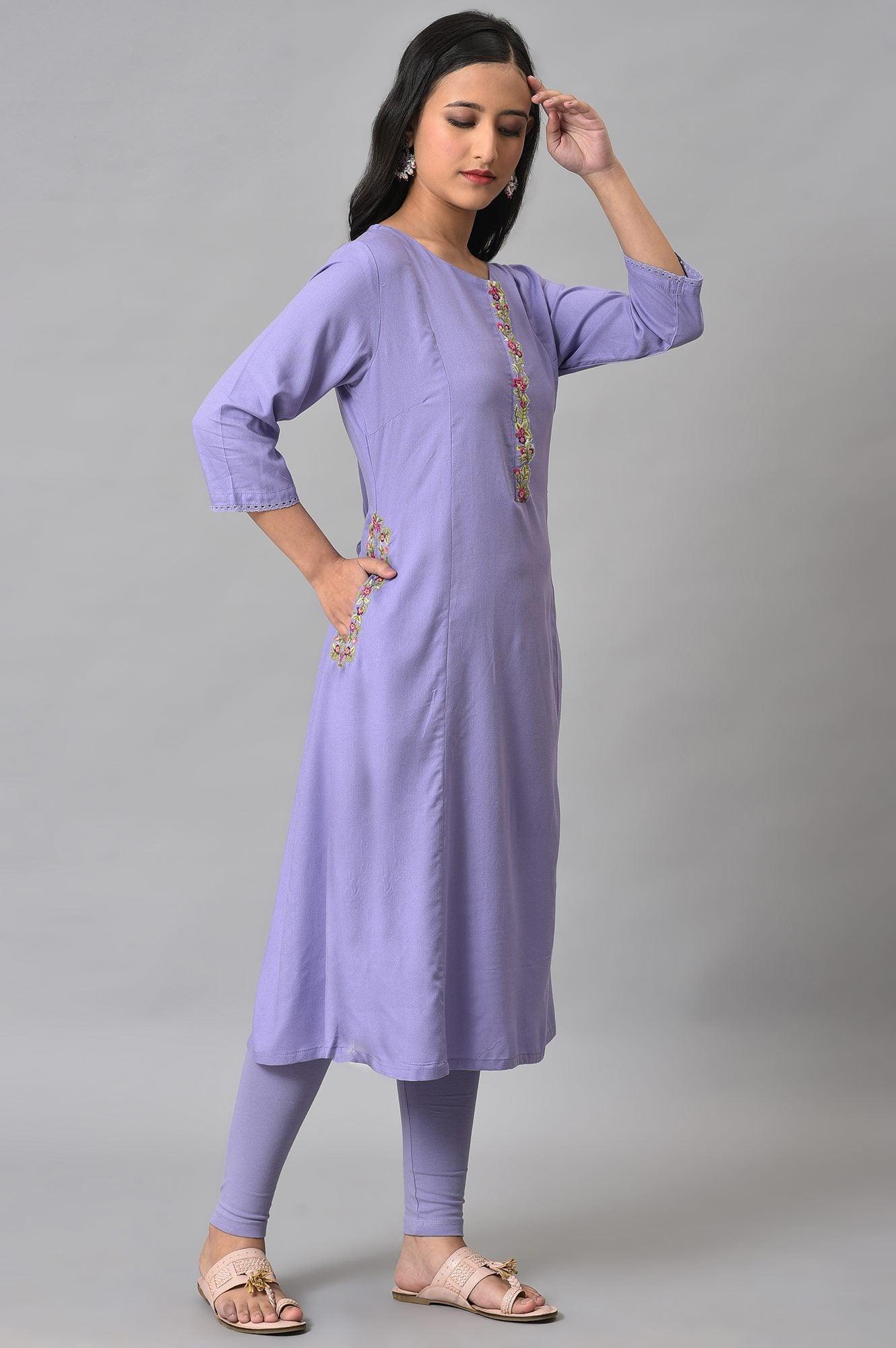 Voilet Embroidered A-Line Plus Size kurta - wforwoman