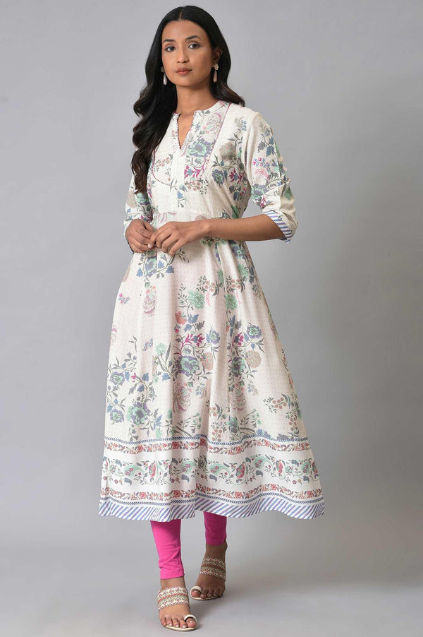 Ecru Floral Printed Flared Plus Size kurta