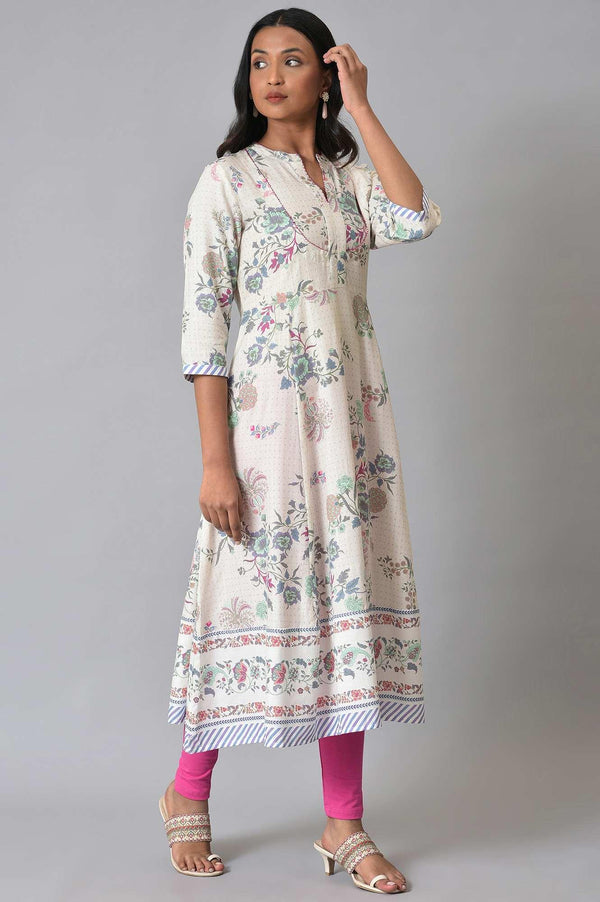 Ecru Floral Printed Flared Plus Size kurta