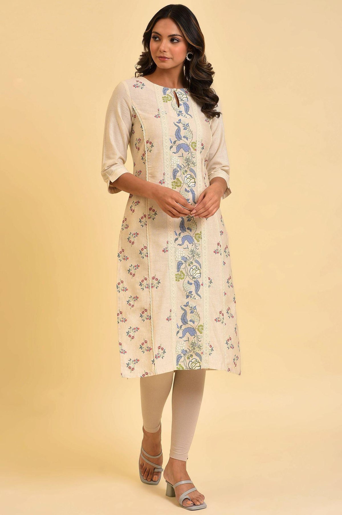Ecru Floral Printed kurta With Lace Detailing - S