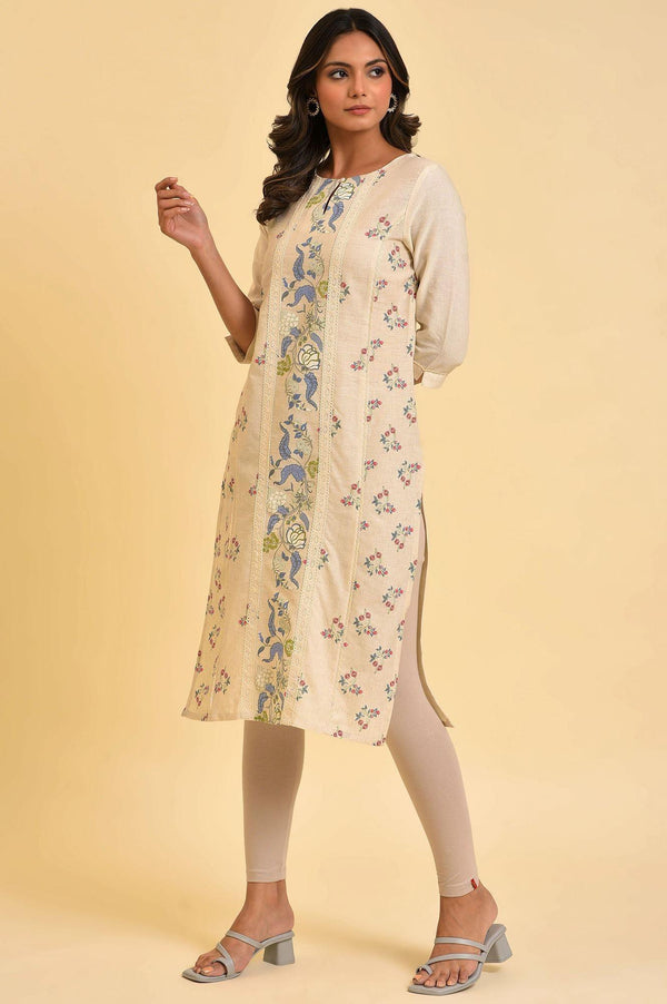 Ecru Floral Printed kurta With Lace Detailing
