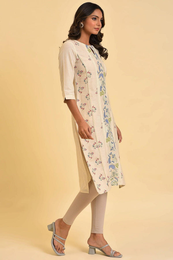 Ecru Floral Printed kurta With Lace Detailing