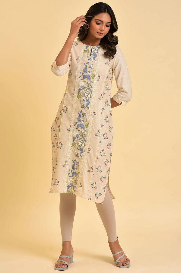 Ecru Floral Printed kurta With Lace Detailing