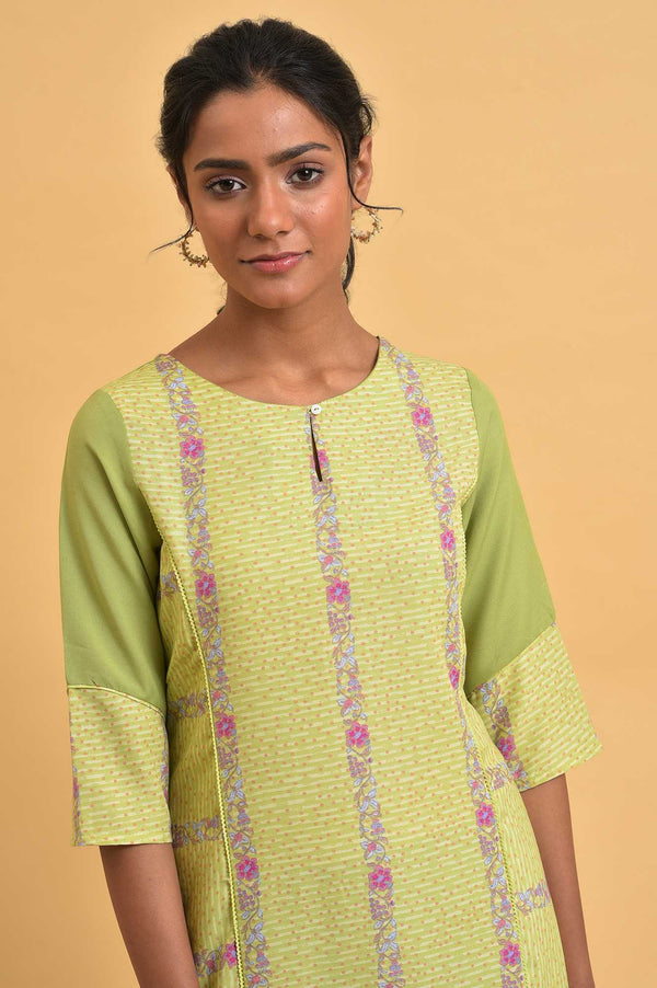 Light Green Floral Printed Lace Spun Poly A-Line Kurta and Straight Pant Set