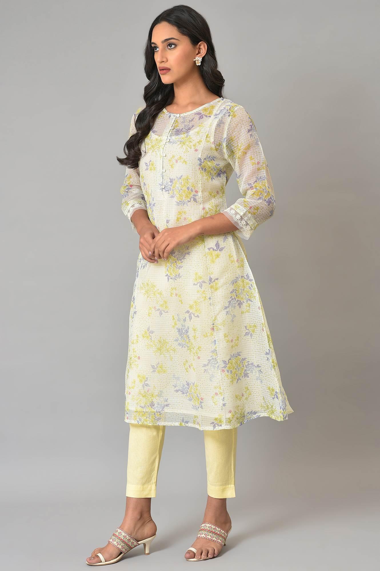 Ecru Floral Printed Kota Inner kurta - wforwoman