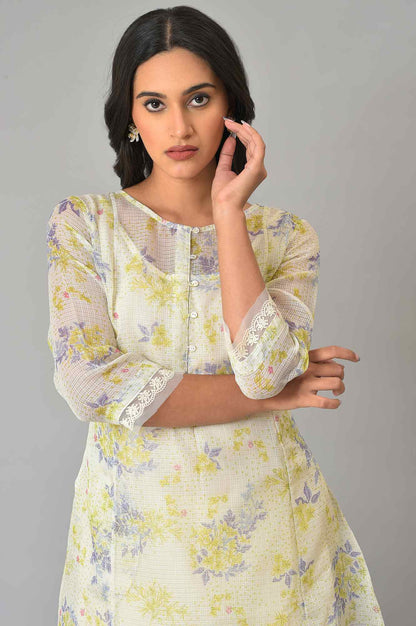 Ecru Floral Printed Lace Kota A-Line Kurta and Jegging Set