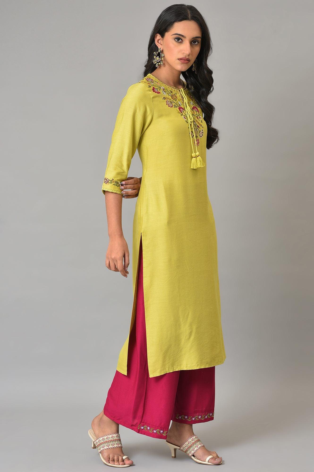Lime Green Embroidered Summer kurta - wforwoman