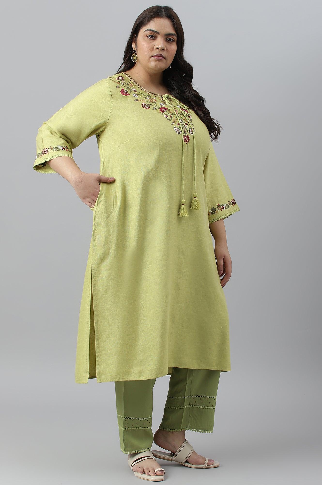 Green Fusion Plus Size Embroidered kurta - wforwoman