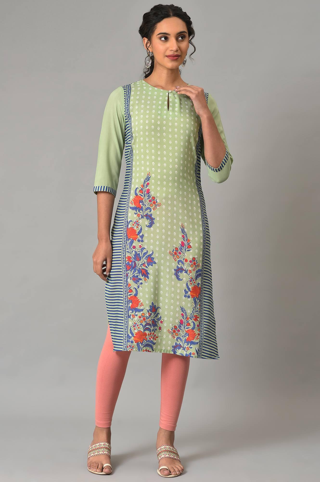 Green Print Mix Summer kurta - wforwoman