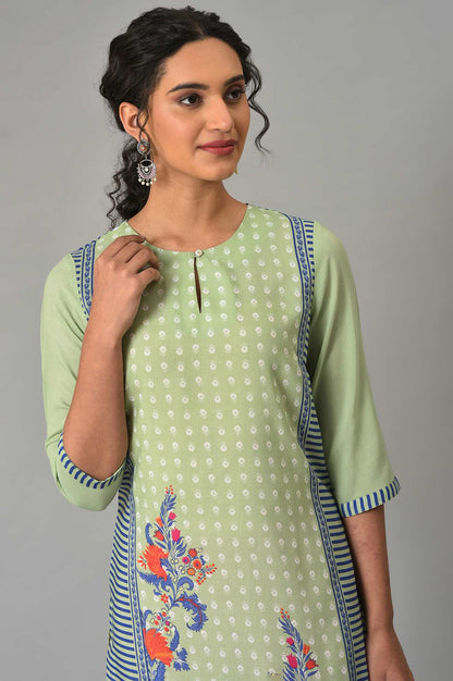 Green Floral Printed Lace Muslin Silk Straight Kurta and Straight Pant Set