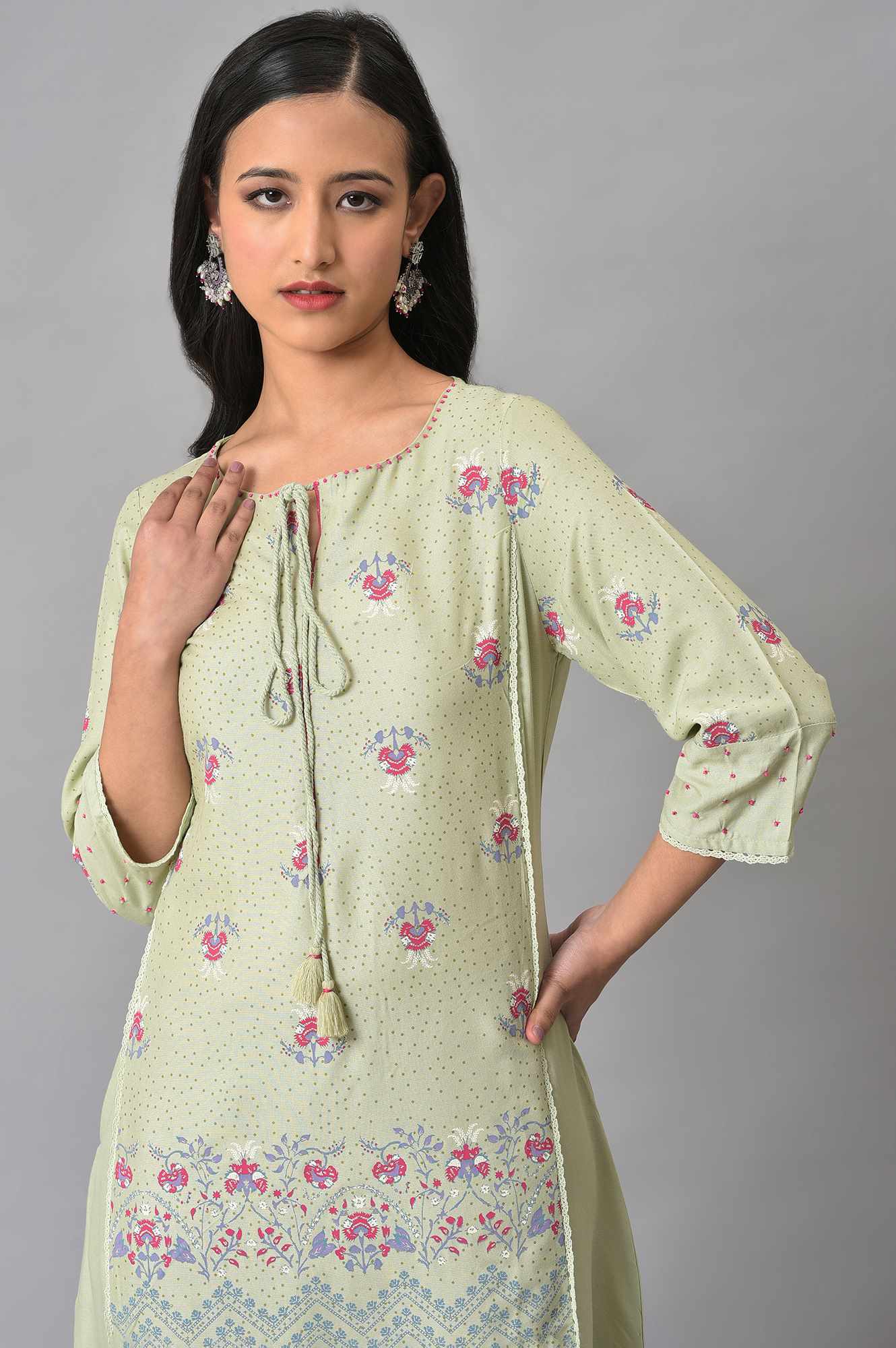 Green Floral Printed Beads Rayon A-Line Kurta and Straight Pant Set