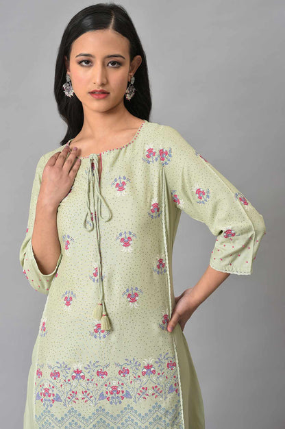 Green Floral Printed Beads Rayon A-Line Kurta and Straight Pant Set