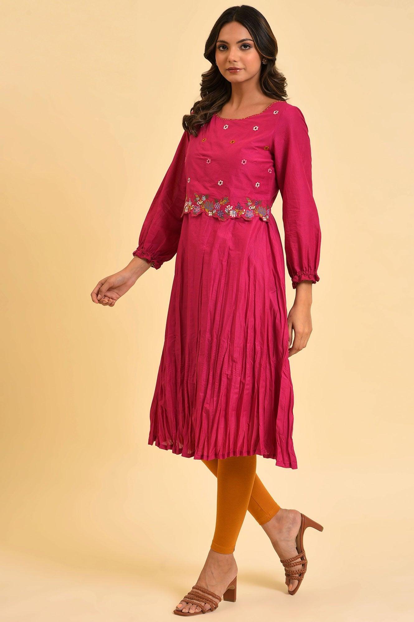 Pink Embroidered Crinkled kurta - wforwoman