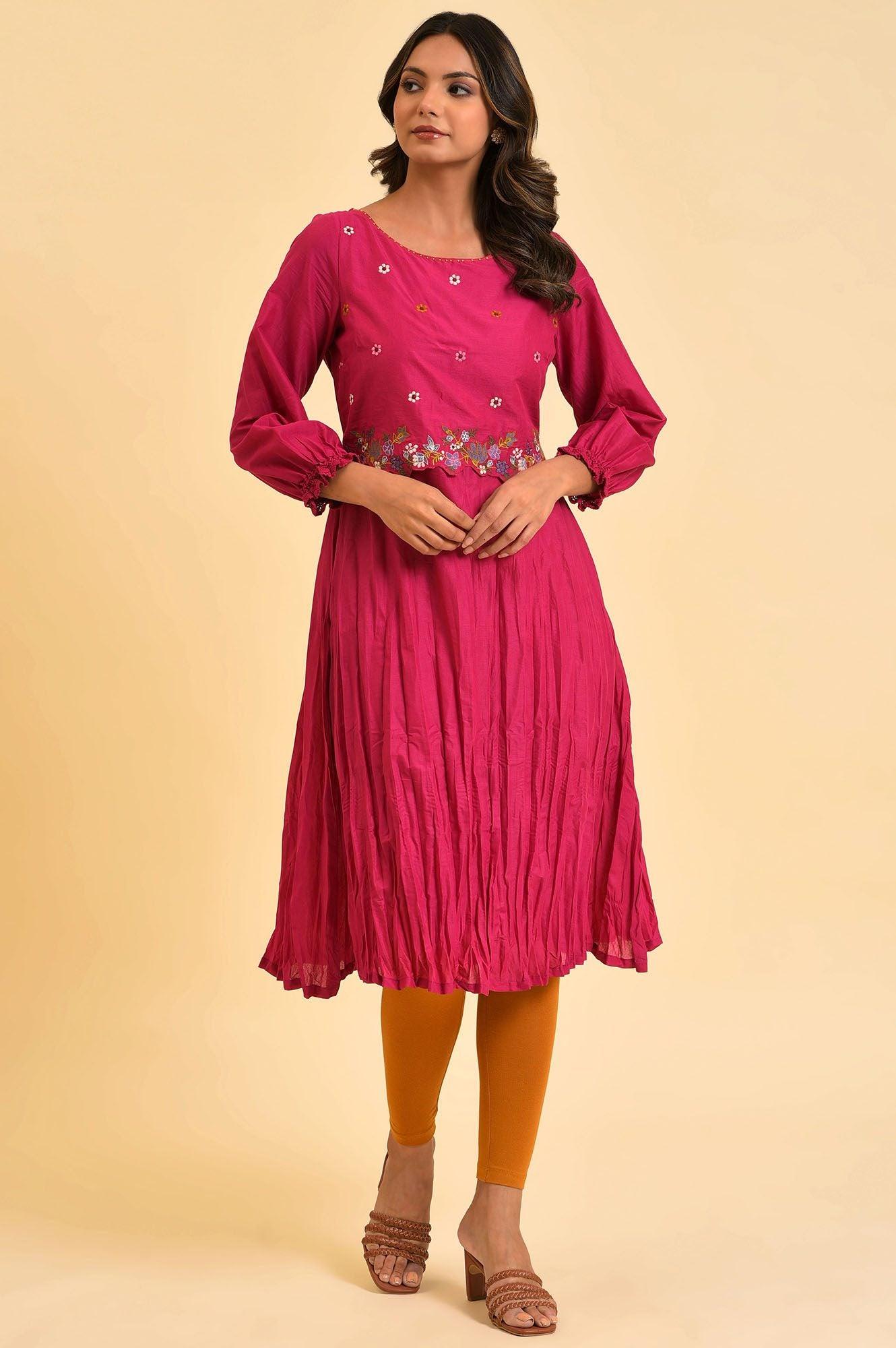 Pink Embroidered Crinkled kurta - wforwoman
