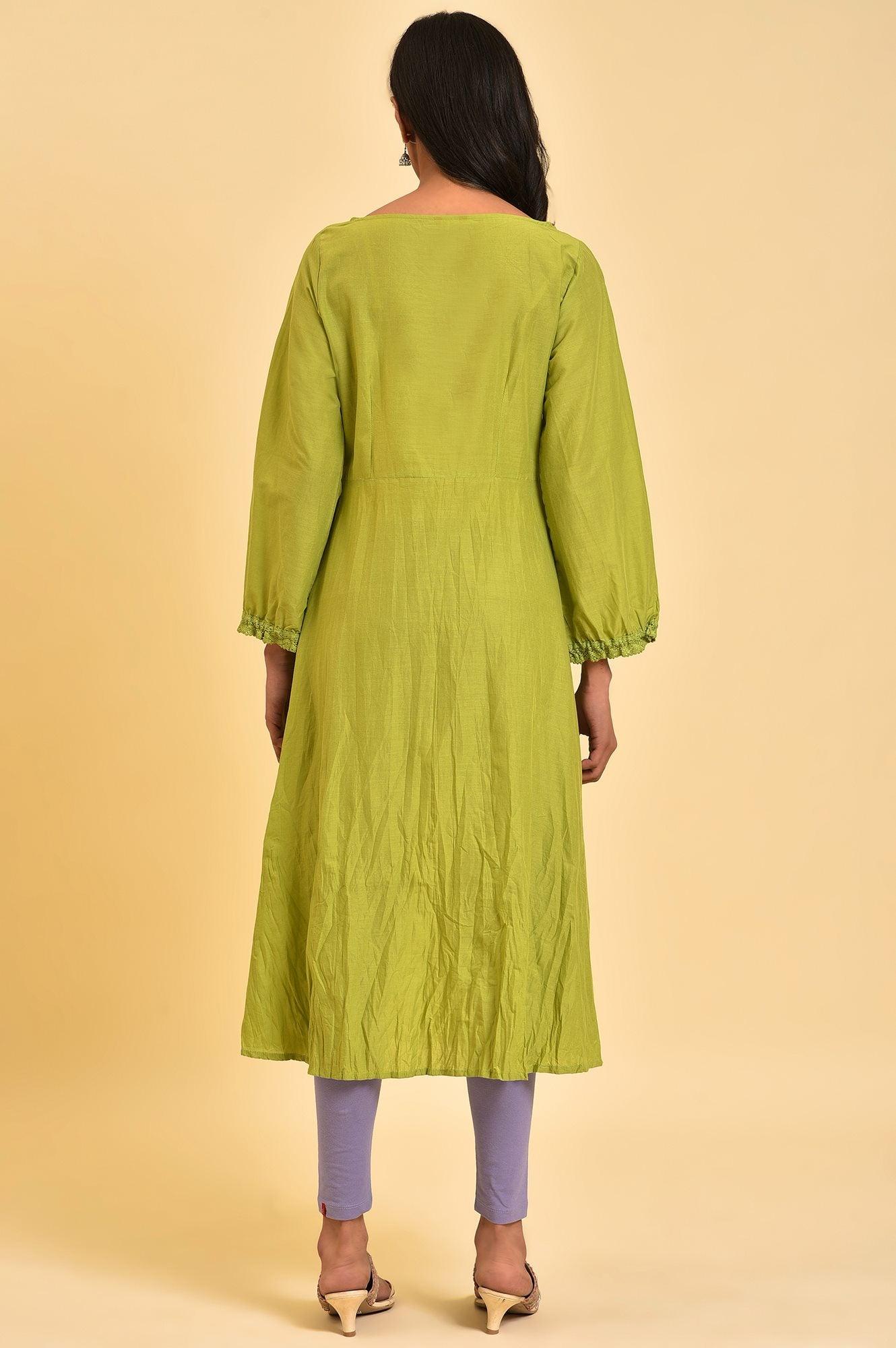 Green Embroidered Crinkled kurta - wforwoman