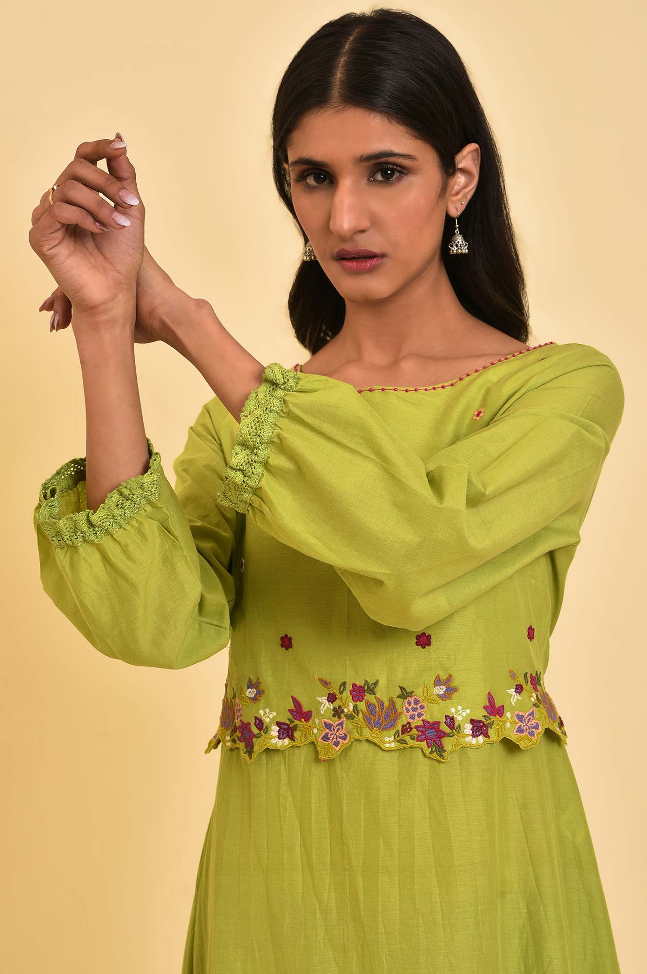 Light Green Solid Thread Embroidered Pure Cotton A-Line Kurta and Slim Pant Set