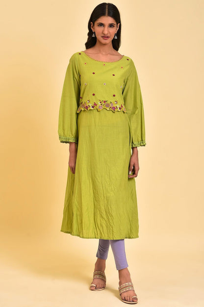 Green Embroidered Crinkled kurta - wforwoman