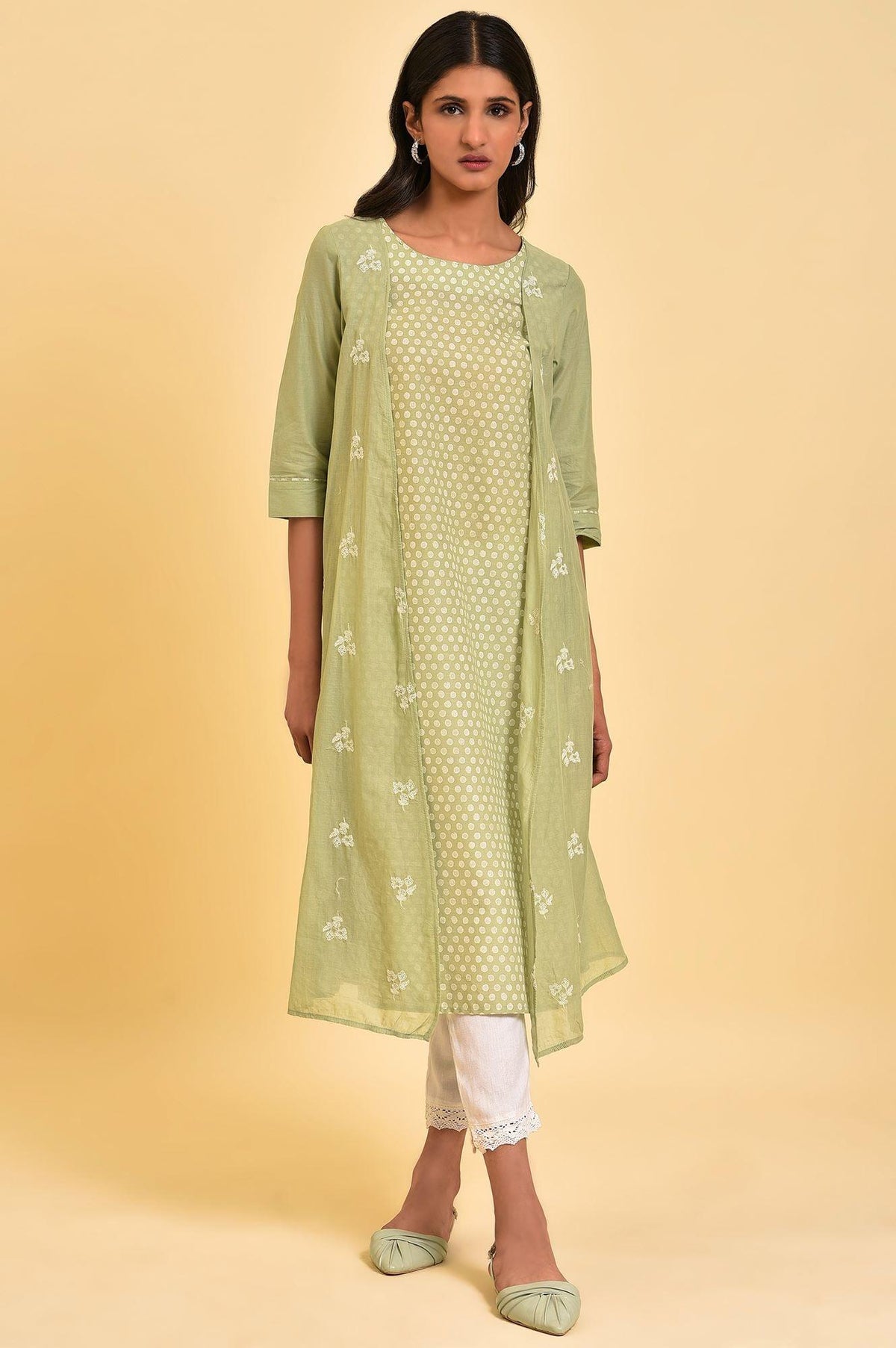 Green Mock Layered Embroidered kurta - XS