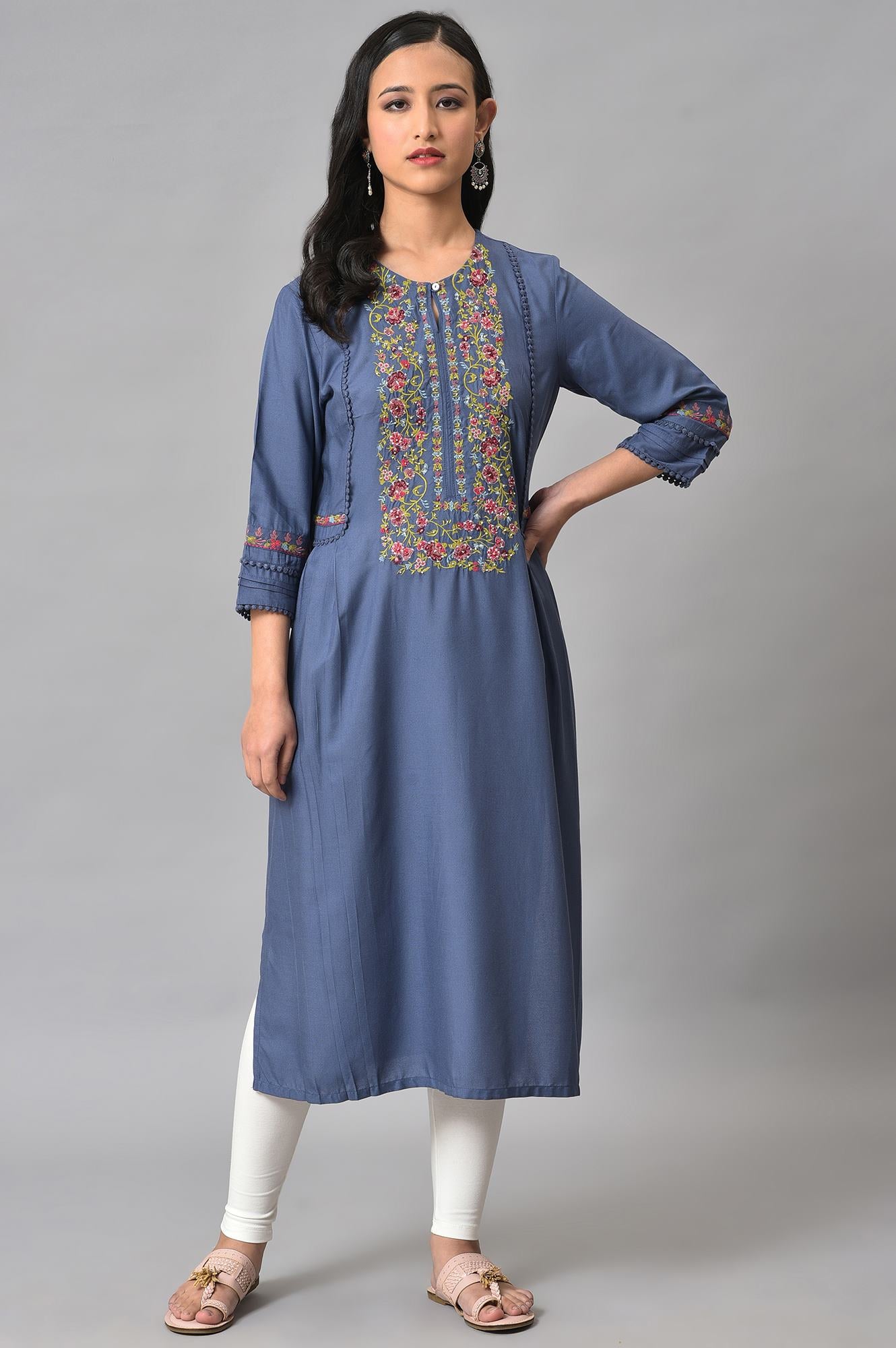 Blue Embroidered Yoke Plus Size kurta