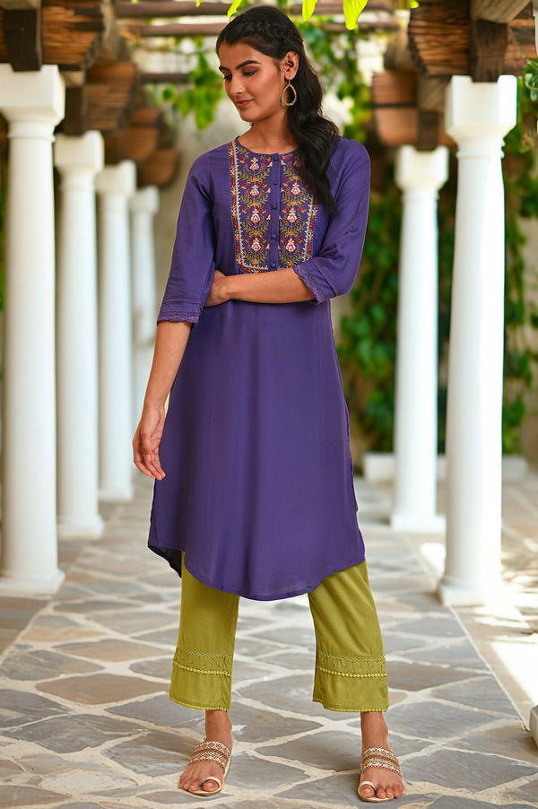 Purple Embroidered Straight kurta
