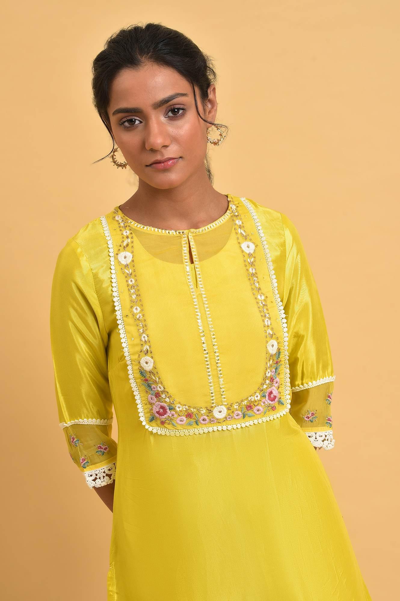 Yellow Embroidered Shantun Plus Size Festive kurta - wforwoman