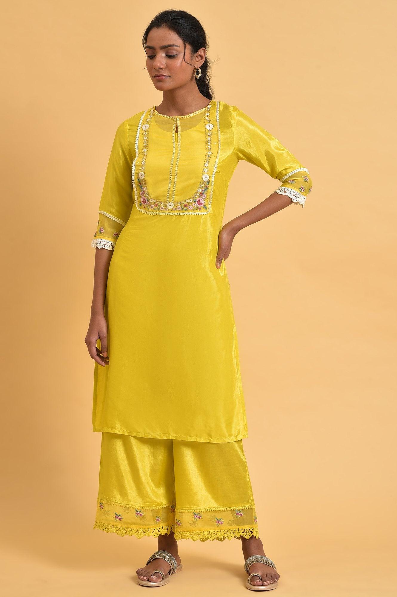 Yellow Embroidered Shantun Plus Size Festive kurta - wforwoman